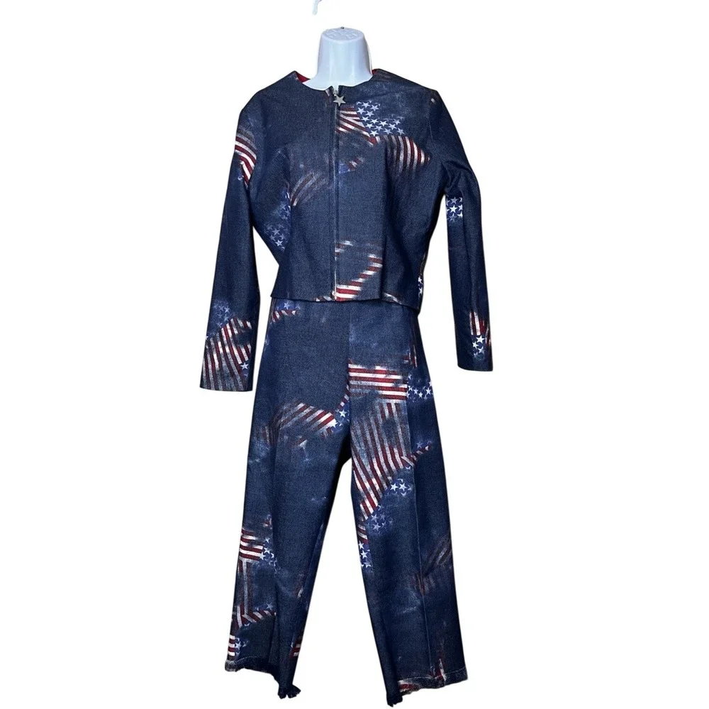 Sharon Endick Kate Vintage American Flag Print 2 Piece Jacket & Pants Set Size 6 - Picture 1 of 10